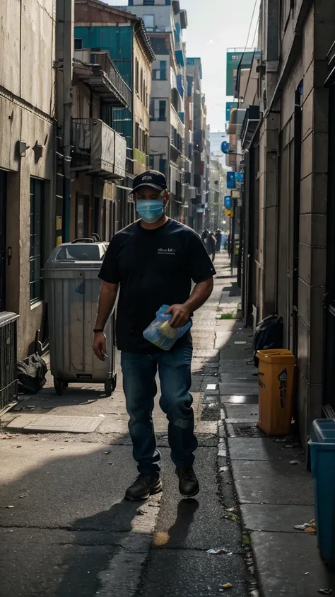  8k, RAW photo, best quality, masterpiece,realistic, photo-realistic, HDR, Create an AI-generated image depicting a garbage collector working in a city environment, emptying bins.