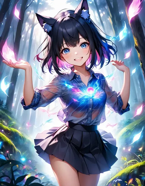 High angle view of an exuberant girl Sasuke com asas pink neon brilhantes, her espetado com gel cut black hair adorned with shiny bangs and eyes sparkling with blue magic, smile revealing the joy of her soul, wearing a flannel shirt and skirt, her head cro...