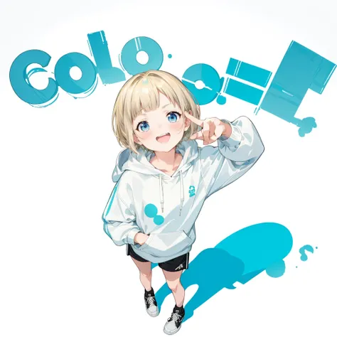 First Job, Better Quality, 1. garota Laughter, Short Mash Hair、Short Hair、Blonde Hair Color、Turquoise Eyes、White hoodie、Black hot pants、Black sneakers、, Little , Little, Laughter (Solo Girl)、Looking up、The camera is from above、The front hair is straight、Pl...