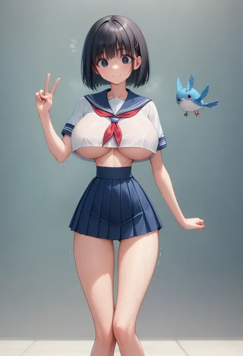 (masterpiece, best quality:1.5), front shot, 1girl, kawaii, (super big breasts, micro waist, very long legs:1.4), Black hair, short bob hair, short height, scrawny and thin body, Light Skin, cute big eyes, cute beautiful thin face, bitter smile, serafuku, ...