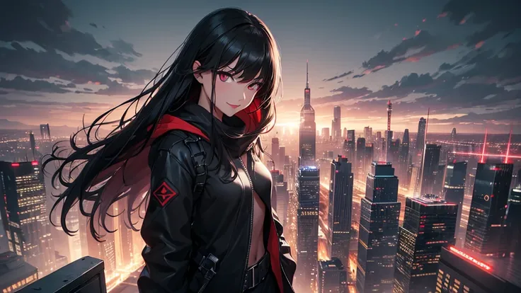 最high resolution,high resolution,Legendary Assassin, Beautiful Teenage Woman,Small breasts,black hooded coat , Grey Shirt,Black pants,Fearless smile, Red lips, Black Hair, Red eyes, realism, Night city view from the top of a skyscraper,Neon Town,Digital Pa...