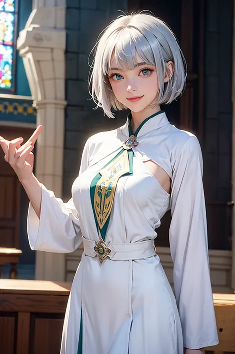 Perfect human body modeling, 1girl, beautiful girl, cute girl and idol face, young face, smile, short and bob cut hair, silver hair, ahoge, white shiny skin, beautiful green eyes, medium breasts, Western-style fantasy, RPG, church, Fantasy Monks, Blue prie...