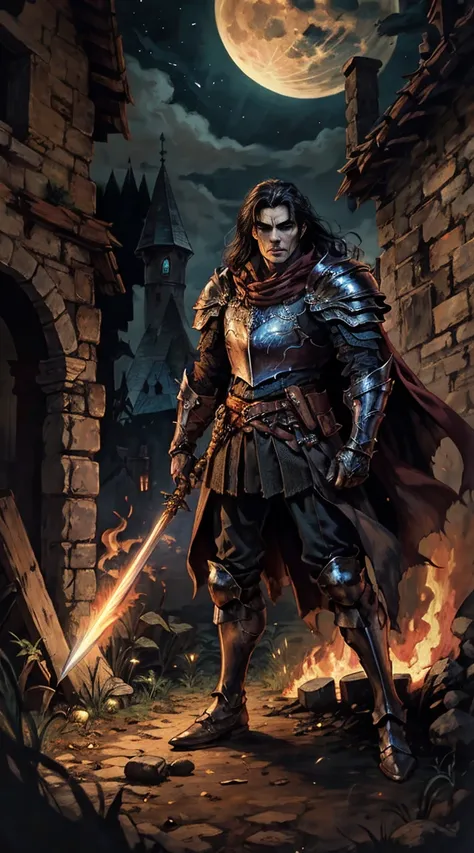 dark, full-length, dark night, character a vampire male with long dark hair and red eyes in light armor demonstrates a blade in the dark by moonlight and torch light, Fantasy. Middle Ages. RPG, dark, oil painting, medieval era, fantasy clothes, dnd, dungeo...