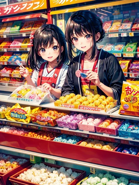 Highest quality,Highest Resolution,Children buying gachapon at a Japanese candy store during summer vacation,