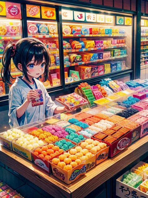 Highest quality,Highest Resolution,Children buying gachapon at a Japanese candy store during summer vacation,