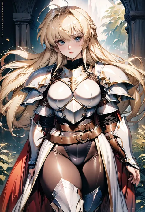 ((highest quality)), ((masterpiece)), ((hyperrealistic)), (detailed background), solo, 1girl, ((curvy: 1.2)), kawaii, female knight with a spear, ((armored dress)), langrisser, blonde braided long hair, Ahoge, (paladin armor), ((Tight-fitting leotard bodys...