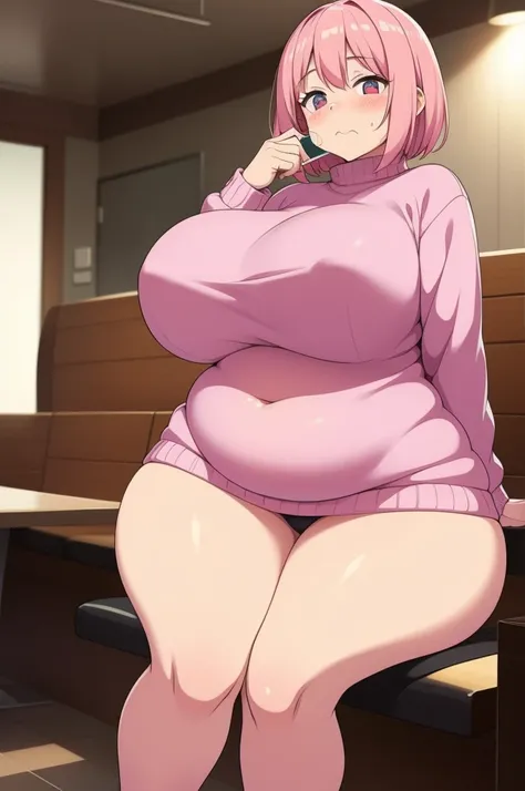 cute soft anime woman, shy, sweet fluffy girlfriend, mature, big breasts, wearing a sweater, fat, wide hips, soft, fat, chubby, pink hair, tall, shy. pink sweater. obese, sitting in a restaurant, eating a large cake, belly stuffing, full, gluttony, eating,...