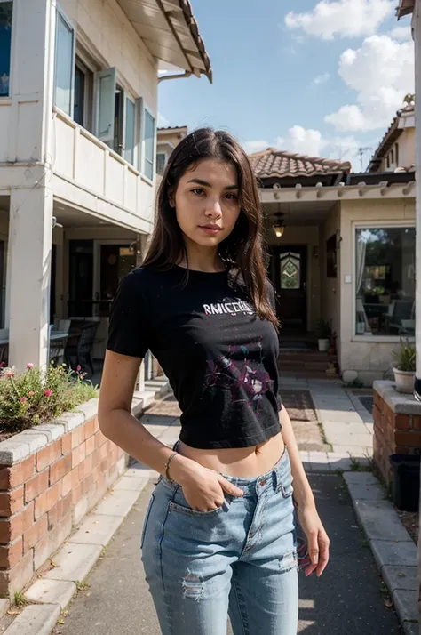 A woman standing in front of a house wearing a black shirt