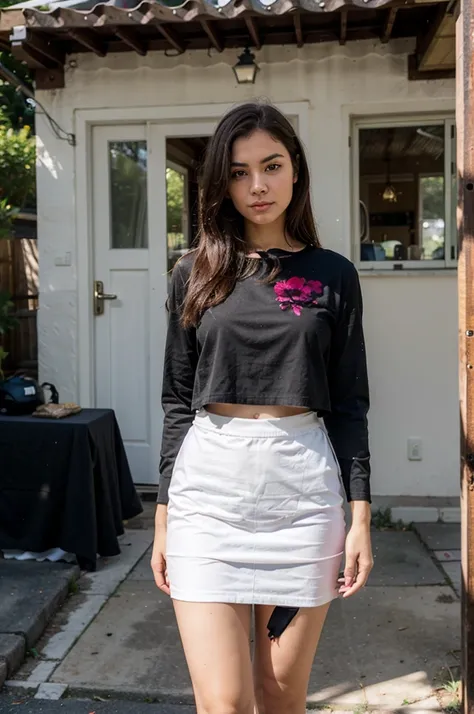 A woman standing in front of a house wearing a black shirt