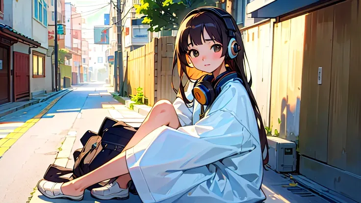 (Highest quality, masterpiece, Ultra-realistic), Beautiful and delicate１５Year-old girl portrait, With a calm expression, The background is a quiet street in the evening.。While listening to music with headphones、Looking at me。Full Body