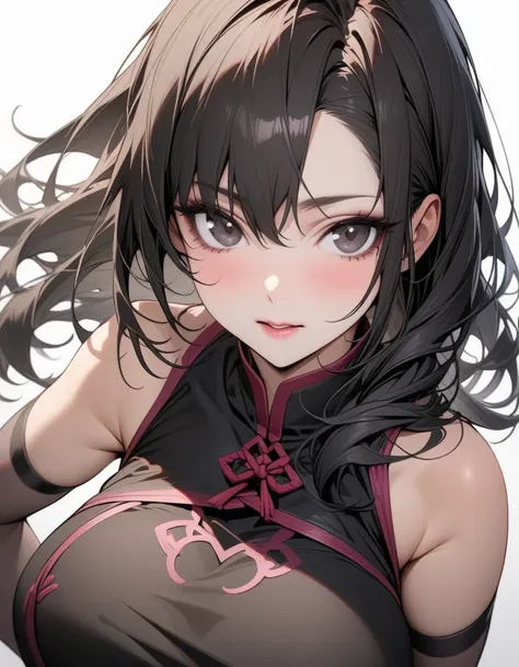 Mature big sister，Black long hair，Black chest binding，Chinese style，Beautiful black eyes，Extremely detailed，high resolution，Simple background