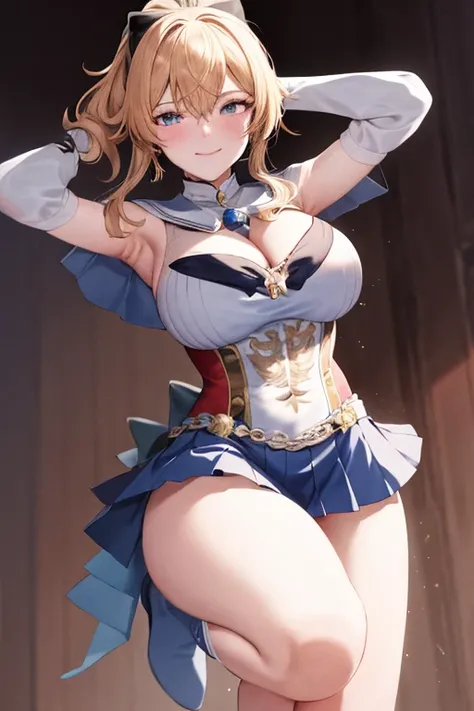 masterpiece, high definition, best quality, rendered art, well formed hands, fingers and body, 1 woman, solo, Jean  Gunnhildr, adult, grown up, wearing Sailor Moons outfit, big breasted, cleavage, full body, sexy sailor senshi uniform, short blue skirt, re...