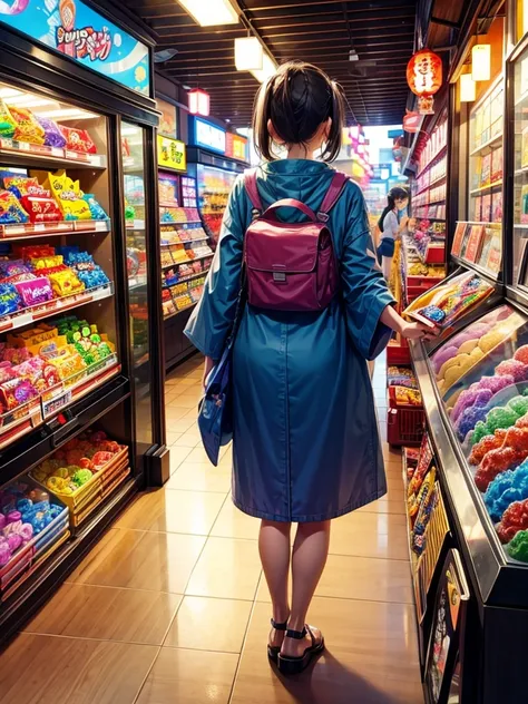 Highest quality,Highest Resolution,Children buying gachapon at a Japanese candy store during summer vacation,