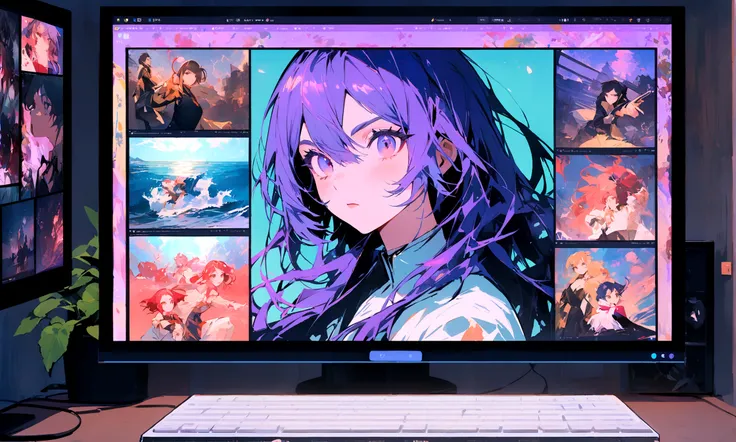 The protagonist, now with a more determined expression, is at the computer. The screen shows the sea art website with vibrant and enticing thumbnails.