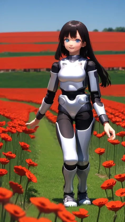 HRP-4c robot girl walks through a field of poppies, She has blue eyes, very long and black and blonde hair, blush and a smile on her face, Full body view, anime style.  