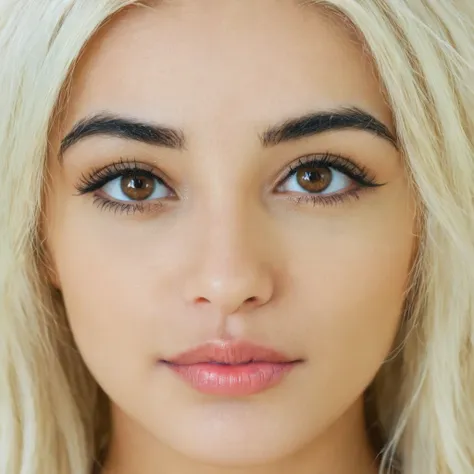 a face of arabian women, she have 26 years old, she have a light strabismus, she is face model worker, somes light wrinkled, is ...