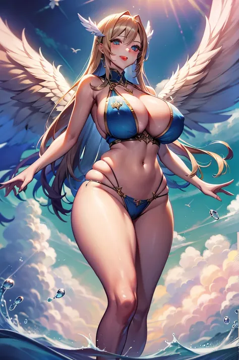 最high quality, high quality, 8K、High resolution,Highest quality、solo、胸に翼のある白いビキニ姿のtallのadult female angel、Very beautiful proportions、belly button、Thighs、tall、Adult woman in a white bikini, super Wild Angel, A happy open-mouthed smile、Thighs、Naturally Shape...