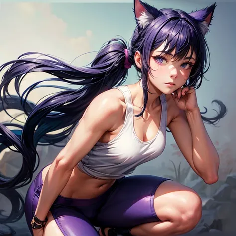 Realistic poster portrait of Masnya, (Purple skin color:1.1), Cat ear, alone, Jeremy Lipking, William Bouguereau, (Alphonse Mucha:0.5), By d-art , SFW Dark blue hair girl, Cat ears and tail, Wearing a tank top and racing pants.　Loli body type　　Twin tails　F...