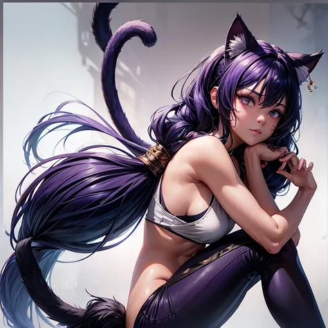 Realistic poster portrait of Masnya, (Purple skin color:1.1), Cat ear, alone, Jeremy Lipking, William Bouguereau, (Alphonse Mucha:0.5), By d-art , SFW Dark blue hair girl, Cat ears and tail, Wearing a tank top and racing pants.　Loli body type　　Twin tails　F...