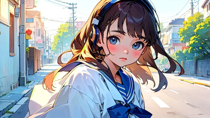 (Highest quality, masterpiece, Ultra-realistic), Beautiful and delicate１５Year-old girl portrait, With a calm and gentle expression, The background is a quiet street in the evening.。While listening to music with headphones、Looking at me。Sailor suit