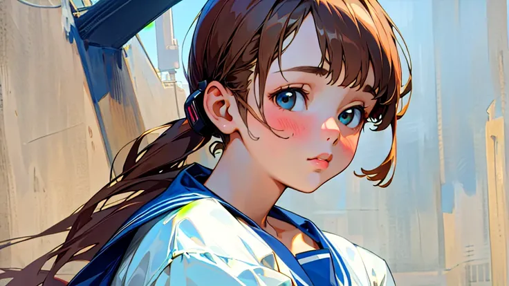 (Highest quality, masterpiece, Ultra-realistic), Beautiful and delicate１５Year-old girl portrait, With a calm and gentle expression, The background is a quiet street in the evening.。While listening to music with headphones、Looking at me。Sailor suit