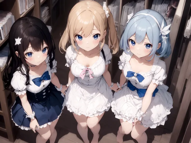 Plain white with emphasis on the chestＴshirt、Ultramarine and white striped kirt flip、When you lift up her skirt you can see her cute white frilly underwear.、barefoot、library、Three girls of different heights Magical girl with a magic wand