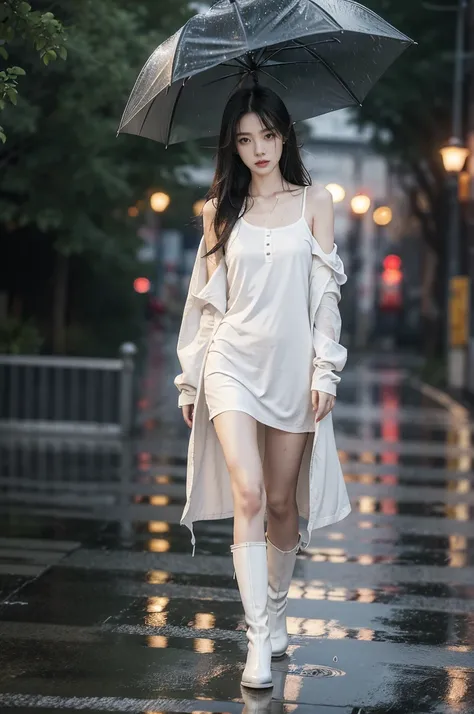 (((best quality))),(((ultra detailed))),(((masterpiece))),illustration,1girl, young,solo, slim,thin,shoulder length straight hair,small breasts,flat chest,white collared shirt dress,slender legs,boots,standing,rainy night, heavy rain, drenched clothes, mel...