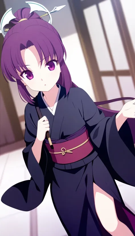 hyakkihime,1girl,black kimono,, ponytail, purple eyes,(petite:1.2)