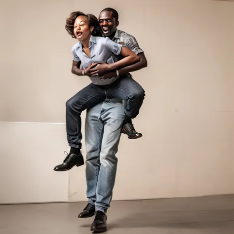 a black man riding a woman piggyback style