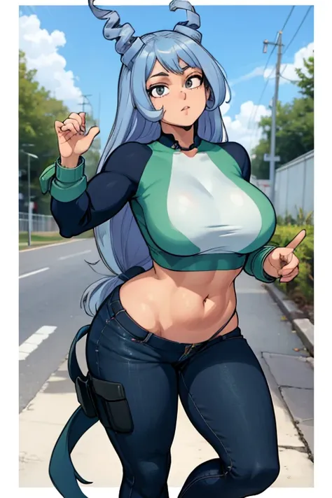 nejire hado de boku no hero usando short jeans curto, a white top and long black socks. she has a muscular body, bunda grande e ...