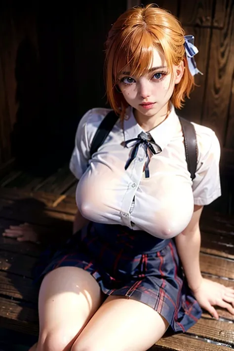 sit in Sauna room , Sauna room , steam , waistband of skirt is at the point above chest , plaid skirt , pleated skirt , Tight shirt , white Shirt , school girl , skirt under breasts , skirt is near breasts area , skirt is adjacent to the chest , (masterpie...