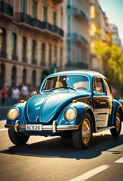 old car, detailed 16 mm photography of beetle car, speeding up down madrid, distant view, image blur, photorealistic, (best quality,4k,8k,highres,masterpiece:1.2),ultra-detailed,(realistic,photorealistic,photo-realistic:1.37),classic car, classic vehicle, ...