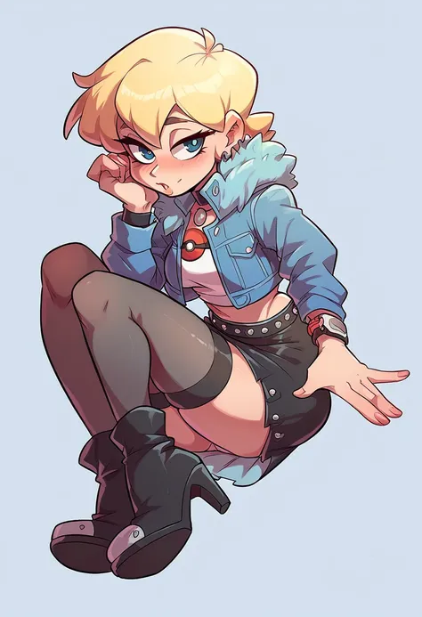 girl pokemon trainer blonde posh dresses as a slut, dressed in with a blue denim jacket with a white crop top a black leather skirt and stockings and high-heeled boots, horny