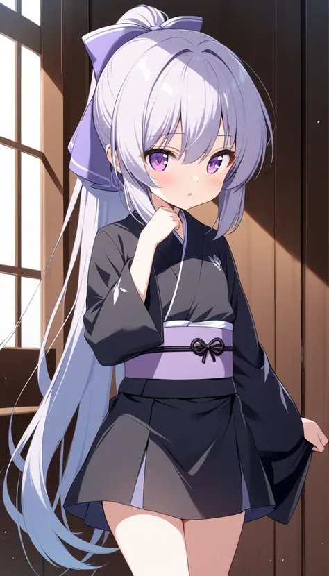 hyakkihime,1girl,black kimono,, ponytail, purple eyes,(petite:1.2)