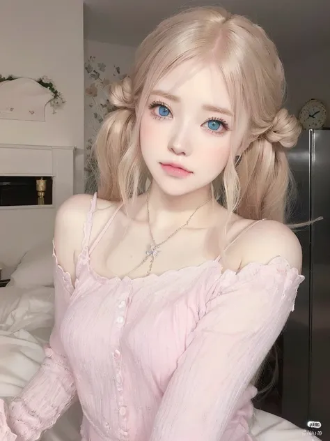 there is a woman with blonde hair and blue eyes posing for a picture, belle delphine, kawaii realistic portrait, ulzzang, pink twintail hair and cyan eyes, cute kawaii girl, pale porcelain white skin, very beautiful cute catgirl, fairycore, ultrarealistic ...