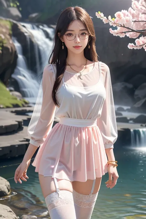 A woman，waterfall hot spring background at night，(8K Ultra HD、Digital SLR Camera、Soft Light、high quality、Volumetric Lighting、frank、photo、high resolution、4K、8K、Bokeh)，(Rich details on the eyes and face，warm color, Very saturated colors，Show a charming smile...