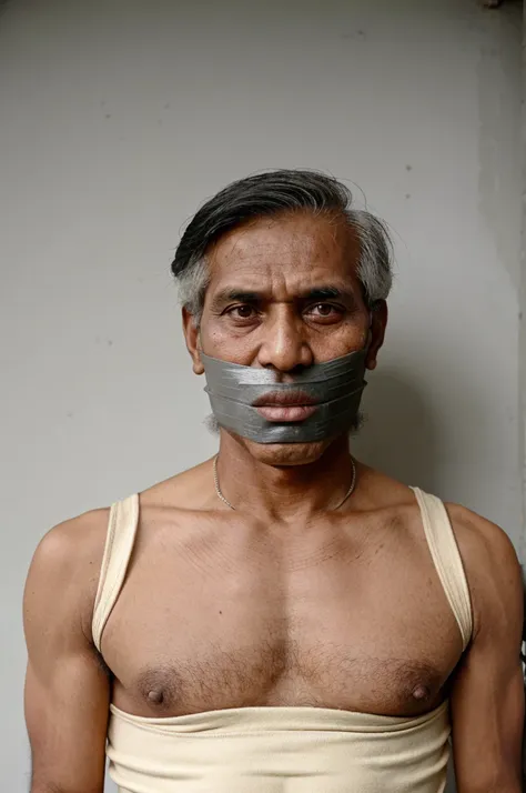 old indian man, white singlet, tape gag, hairy chest, mouth gag, duct tape