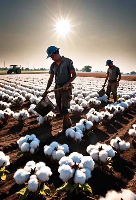 a high quality professional photo of workers toiling in [cotton fields] under the scorching sun, depicting [hard work] and dedic...