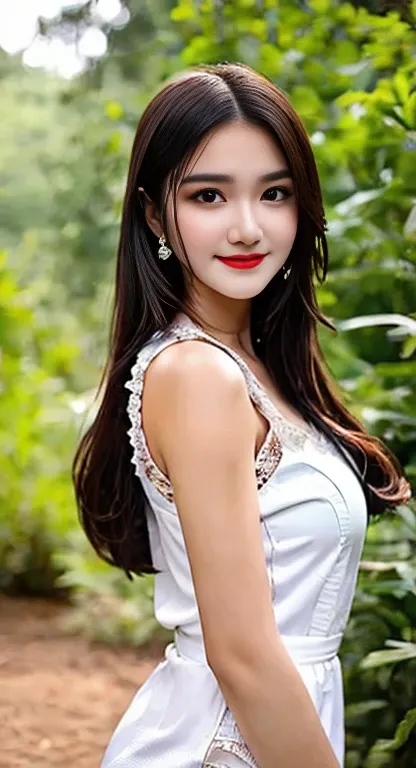 girl wear white rompers , little smile ,sharp eye , perfect face , ,dense forest.