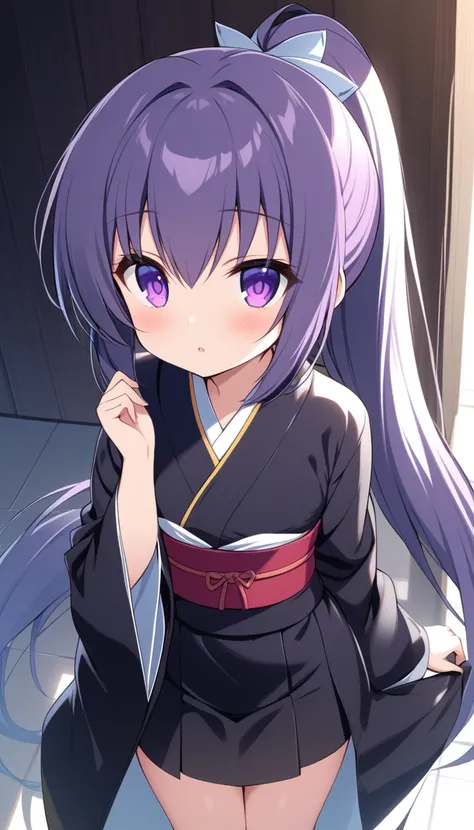 hyakkihime,1girl,black kimono,, ponytail, purple eyes,(petite:1.2)