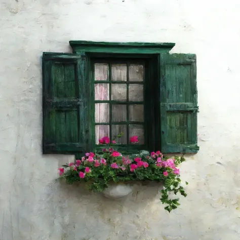 masterpiece, ultra detailed, beautiful, distinct, best aesthetic, super fine illustration, rustic green wooden window shutters, ...