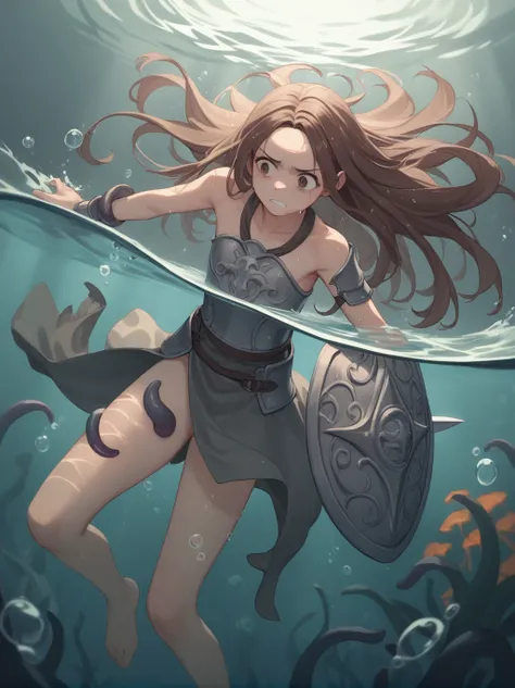 partially underwater,最high quality,high quality, , long hair, brown hair, wet hair, flat chest,dark underground labyrinth,no lig...