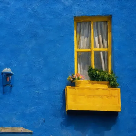 masterpiece, ultra detailed, beautiful, distinct, best aesthetic, super fine illustration, vibrant blue wall, yellow window fram...