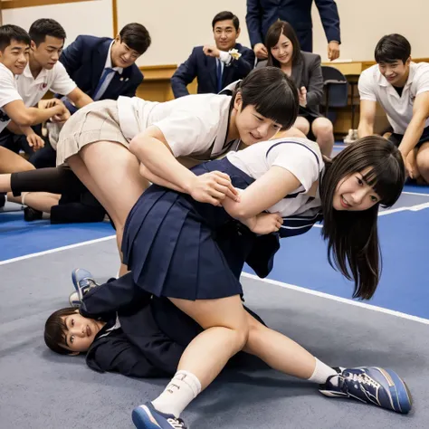 Highest quality　Japanese high school girl calligraphy club president being wrestled by strong men　bangs　Beautiful face　Leg spread required　tall　Cinematic　Thin　ponytail