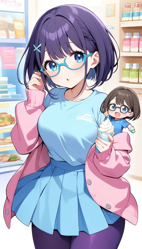 misora inaho, , bob cut, purple hair, blue eyes, glasses, pink cardigan, blue t-shirt, cream skirt, purple tights