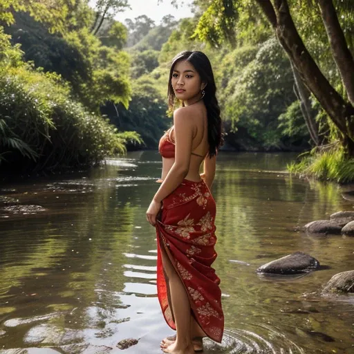 A serene and beautiful scene of an Indonesian girl in her early twenties, wearing a vibrant red sarong. Her long, dark hair cascades down her back, gently dancing in the breeze that caresses her face. She stands at the riverbank, her bare feet sinking into...