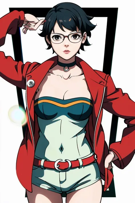 anime girl in a short dress and glasses with (((half  visible)))), persona 5 art style wlop, style artgerm, extremely detailed a...