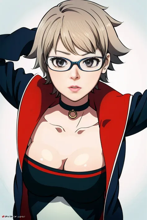 anime girl in a short dress and glasses with (((half  visible)))), persona 5 art style wlop, style artgerm, extremely detailed a...