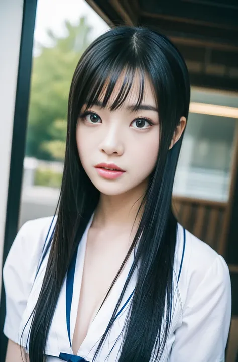 instax, snapshot, Realistic, Photography, jpop girl groups girl, Japanese-idol-face girl, A girl with a face like a beautiful anime cosplayer, 17-years-old, kawaii, Japanese sailor , black hair, straight hair, Lomography, blue and white, cinematic shot, dy...