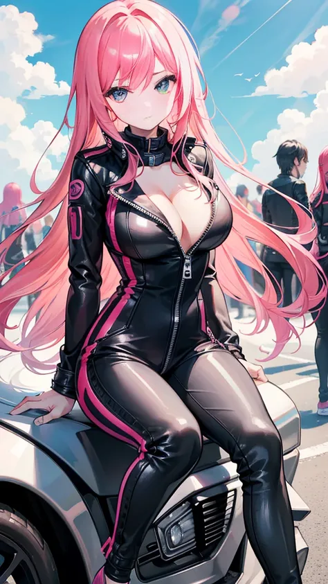 beautiful girl，(Racing girl)，Leather jumpsuit，(黑色Leather jumpsuit)，Leather Clothes，Pink long hair，(Pink Hair)，Bangs，Zipper to open，(Leather jacket zipped up)，((Cleavage))，Open your heart，(Shy expression)，Sit on a race car，Blue sky and white clouds